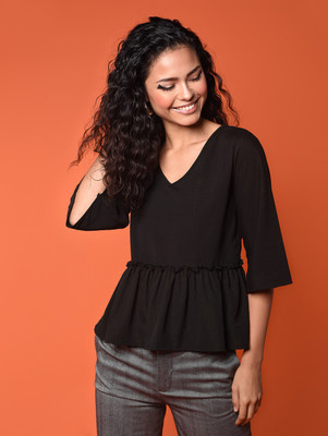 Chimpaaanzee Casual 3/4 Sleeve Solid Women Black Top