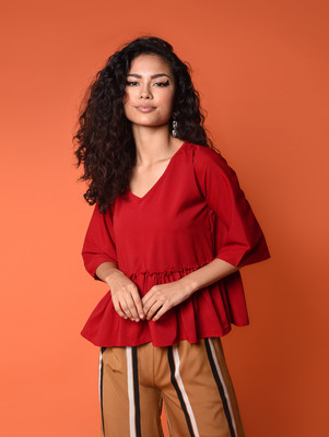 Chimpaaanzee Casual 3/4 Sleeve Solid Women Red Top