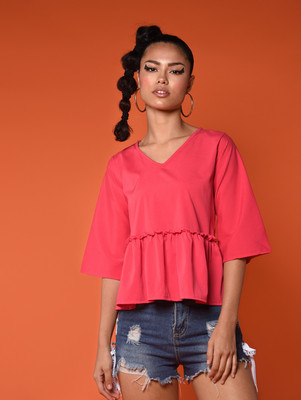 Chimpaaanzee Casual 3/4 Sleeve Solid Women Pink Top
