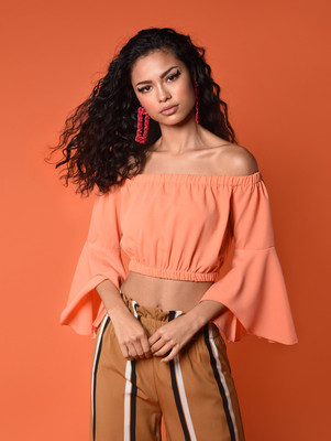 Chimpaaanzee Casual Bell Sleeve Solid Women Orange Top