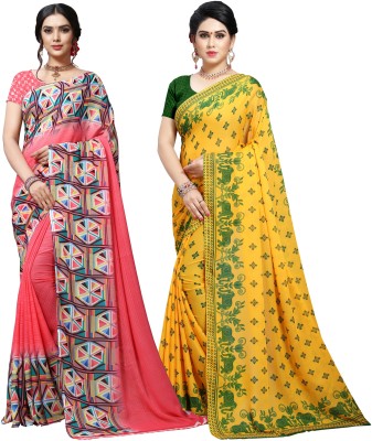 kashvi sarees Printed Daily Wear Georgette Saree(Pack of 2, Green, Pink, Yellow)