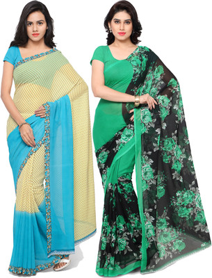 ANAND Printed, Floral Print Daily Wear Georgette Saree(Pack of 2, Light Blue, Green, Black, Cream)