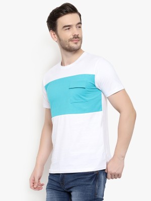 GLITO Colorblock Men Round Neck Light Blue, White T-Shirt