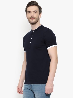 GLITO Solid Men Henley Neck Dark Blue T-Shirt