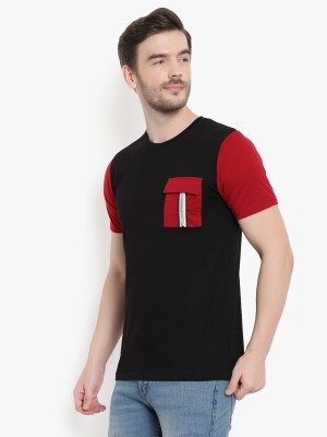 GLITO Colorblock Men Round Neck Maroon, Black T-Shirt