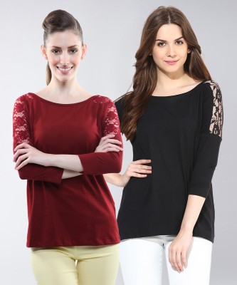 Miss Chase Solid Women Round Neck Maroon, Black T-Shirt