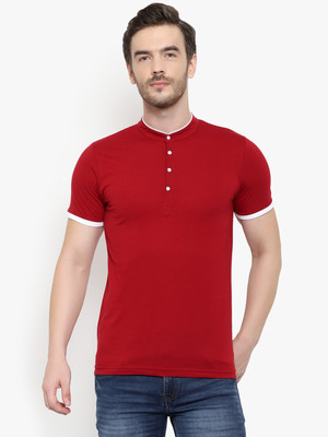 GLITO Solid Men Henley Neck Maroon T-Shirt