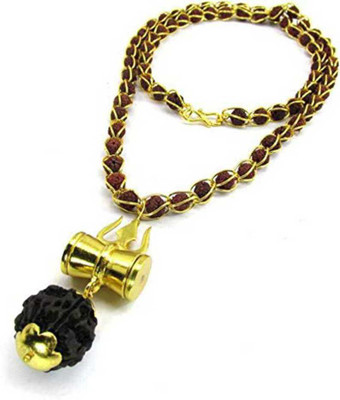 LETNIX 5 Mukhi Rudraksha Rudraksh Mala in Gold Plated with Trishul Damru Pendant Lucky Charm Wood Chain Gold-plated Plated Brass Chain