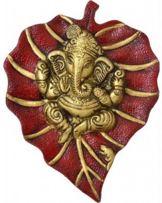 Indoselection Indoselection Decorative Red Leave Ganesha on Patta Metal Wall Hanging Showpiece / Front Door Hanging Decorative Showpiece  -  19 cm(Brass, Red)