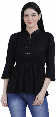FineCreations Casual Flared Sleeve Solid Women Black Top