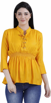 FineCreations Casual Flared Sleeve Solid Women Yellow Top