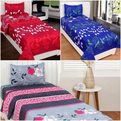 BSB Trendz 144 TC Microfiber Single Abstract Flat Bedsheet(Pack of 3, Blue, Grey, Red)