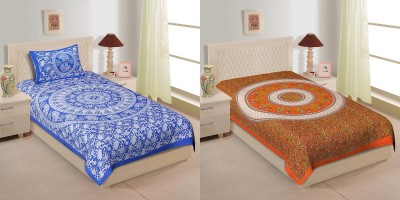 TANIKA 140 TC Cotton Single Printed Flat Bedsheet(Pack of 2, Blue, Orange)