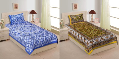 TANIKA 140 TC Cotton Single Printed Flat Bedsheet(Pack of 2, Blue, Yellow)