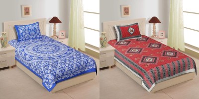 TANIKA 140 TC Cotton Single Printed Flat Bedsheet(Pack of 2, Blue, Red)