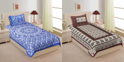 TANIKA 140 TC Cotton Single Printed Flat Bedsheet(Pack of 2, Blue, Maroon)