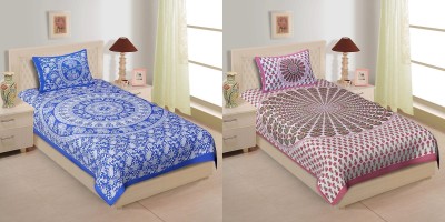 TANIKA 140 TC Cotton Single Printed Flat Bedsheet(Pack of 2, Blue, Pink)