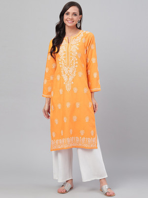 ADA Women Chikan Embroidery, Embroidered Straight Kurta(Yellow)