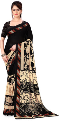 ANAND Floral Print Daily Wear Georgette Saree(Black, Cream)