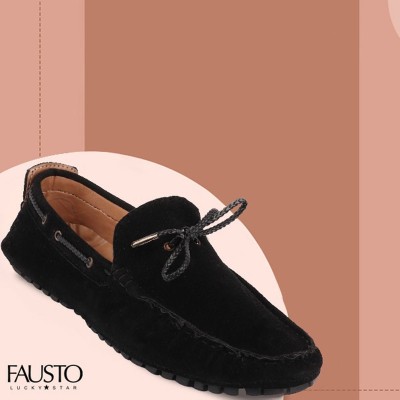 FAUSTO Suede Leather Loafers For Men(Black , 9)