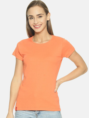 Femea Solid Women Round Neck Orange T-Shirt