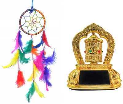 Uniqon Combo Ring Handmade Beaded Down & Feather-Fill Dream Catcher For Car, Room Wall Hanging, Balcony Wool Wind-Chime And Tibetan Buddhist Revolving/Rotating Bells Mani Lotus Solar Swing Energy Prayer Wheel Feng Shui Dharma Wheel Car Dashboard Decorative Showpiece Ornament Combo