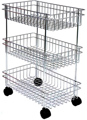 RECTITUDE Stainless Steel 3 Layer Fruit and Vegetable Onion Potato Basket | Stand Trolley Kitchen Rack -Triple Tire Trolley Shelf | Rust Free Stainless Steel Kitchen Trolley(Pre-assembled)