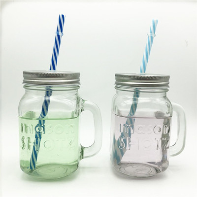 SOOGO Mason Jar with Handle Frosty Mason Jar with Strew and Lid for Beverage,Soft Drink Glass Jar,Kids Glass Jar,Chilled Glass Jar [Pack of 2] Glass Mason Jar(450 ml, Pack of 2)
