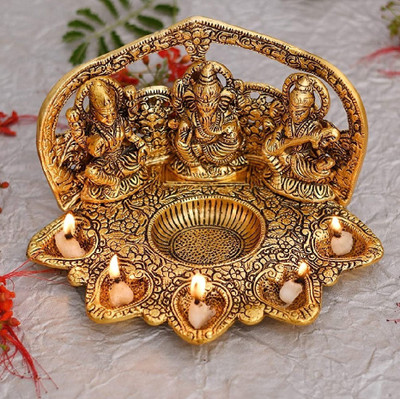 anil job works Metal Laxmi Ganesh Saraswati Idol with 5 Diyas for Home decor and Gifts Decorative Showpiece  -  12 cm(Aluminium, Gold)