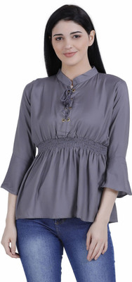 FineCreations Casual Flared Sleeve Solid Women Grey Top