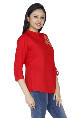 Brijam Casual 3/4 Sleeve Embroidered Women Red Top