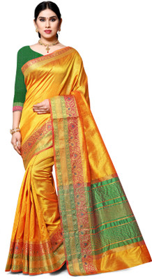 COSBILA FASHION Woven Chanderi Jacquard, Cotton Silk Saree(Yellow, Gold)