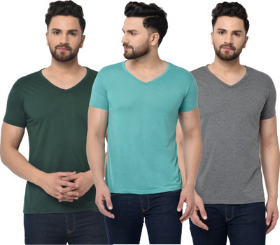 Moordale Solid Men V Neck Green, Blue T-Shirt