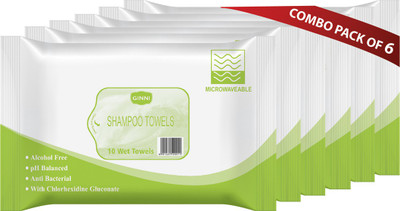 GINNI Shampoo Towel - No Water & Rinsing Required (Clean Hair in Minutes) (Pack of 6) (10 Towels Per Pack)(60 Tissues)
