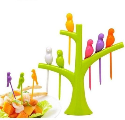 Nightstar 6 Pcs Bird Fruit Fork Set with Tree Shape Stand Salad and Dessert Fork Disposable Plastic Salad Fork, Fruit Fork(Pack of 1)
