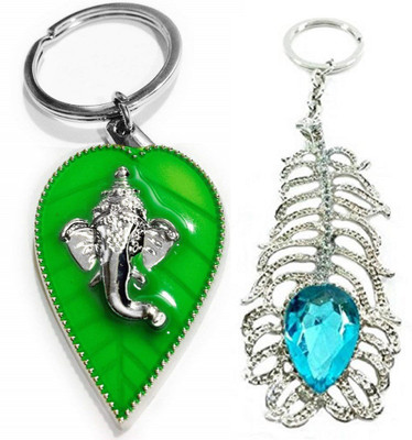 kd collections KD541 - OMG Lord Krishna Oh My God Keychain & Ganesh Ji in Green Pan Keyring Ganpati Ji Lord Green Leaf Metallic Keyring Key Chain Combo Key Chain