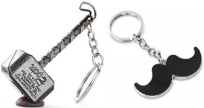 kd collections KD482 - Avengers Infinity War Stormbreaker Mjolnir Thor Hammer Keychain & Mustache Mooch Keychain Combo (Grey Black) Key Chain
