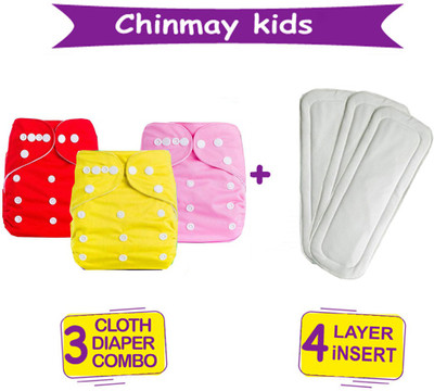 Chinmay Kids Combo of Quirk Reusable Baby Washable Cloth Diaper Nappy with Multi Layered Micro- Fibre Baby Insert Pads(Set of 3) (Multi- Colour)