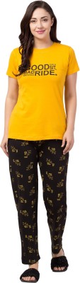 Funday Fashion Women Printed Yellow, Black Top & Pyjama Set