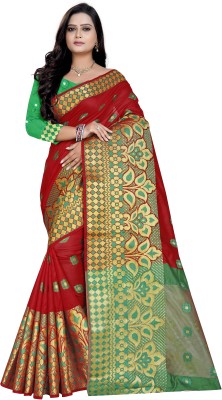 Hensi sarees shop Self Design, Animal Print, Solid/Plain Kanjivaram Silk Blend, Cotton Linen Saree(Red, Green, Gold)