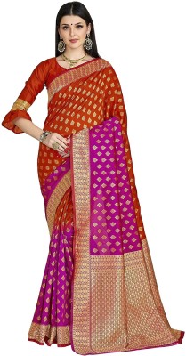 Sariya Woven, Embellished Banarasi Silk Blend, Jacquard Saree(Pink, Orange)