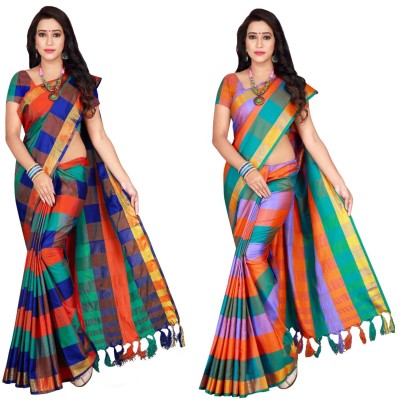 Shaibo saree Checkered Daily Wear Cotton Silk Saree(Pack of 2, Purple, Gold, Blue, Orange)