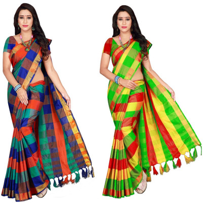 PRIYANSH CREATION Checkered Daily Wear Cotton Silk Saree(Pack of 2, Multicolor)