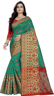 Hensi sarees shop Self Design, Animal Print, Solid/Plain Kanjivaram Silk Blend, Cotton Linen Saree(Green)