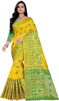 Hensi sarees shop Self Design, Solid, Animal Print, Temple Border, Woven Thanjavur Silk Blend, Cotton Linen Saree(Yellow)