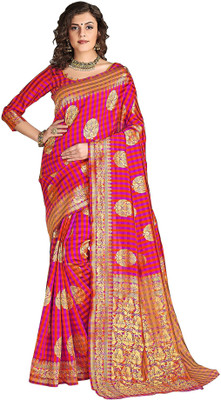 Sariya Woven, Checkered Banarasi Silk Blend, Jacquard Saree(Pink)