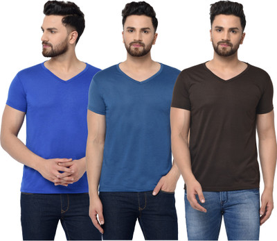 Adorbs Solid Men V Neck Blue, Grey T-Shirt