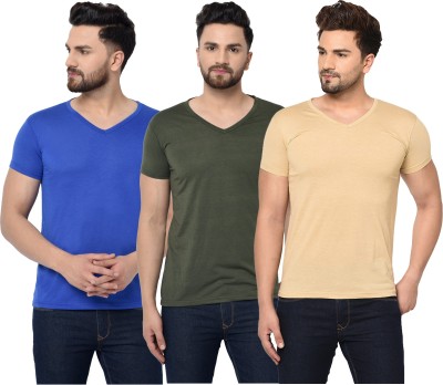 Unite Wear Solid Men V Neck Dark Green, Blue, Beige T-Shirt