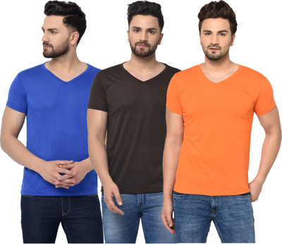 Jangoboy Solid Men V Neck Blue, Brown, Orange T-Shirt