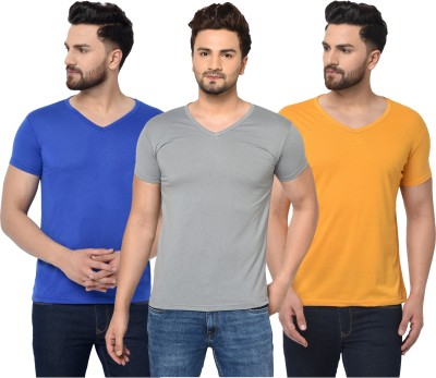 Jangoboy Solid Men V Neck Blue, Grey, Yellow T-Shirt